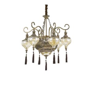 Полилей Ideal Lux Harem SP9 116006 в месингов цвят с кехлибарено стъкло и пискюли на бял фон