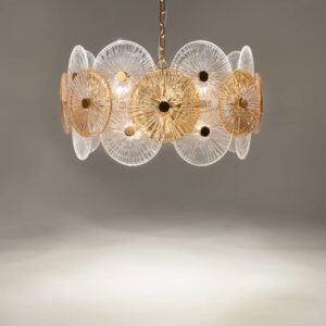 Кръгъл полилей Maytoni Aster MOD007PL-08G с бронзов метален корпус и застъпващи се релефни стъклени дискове