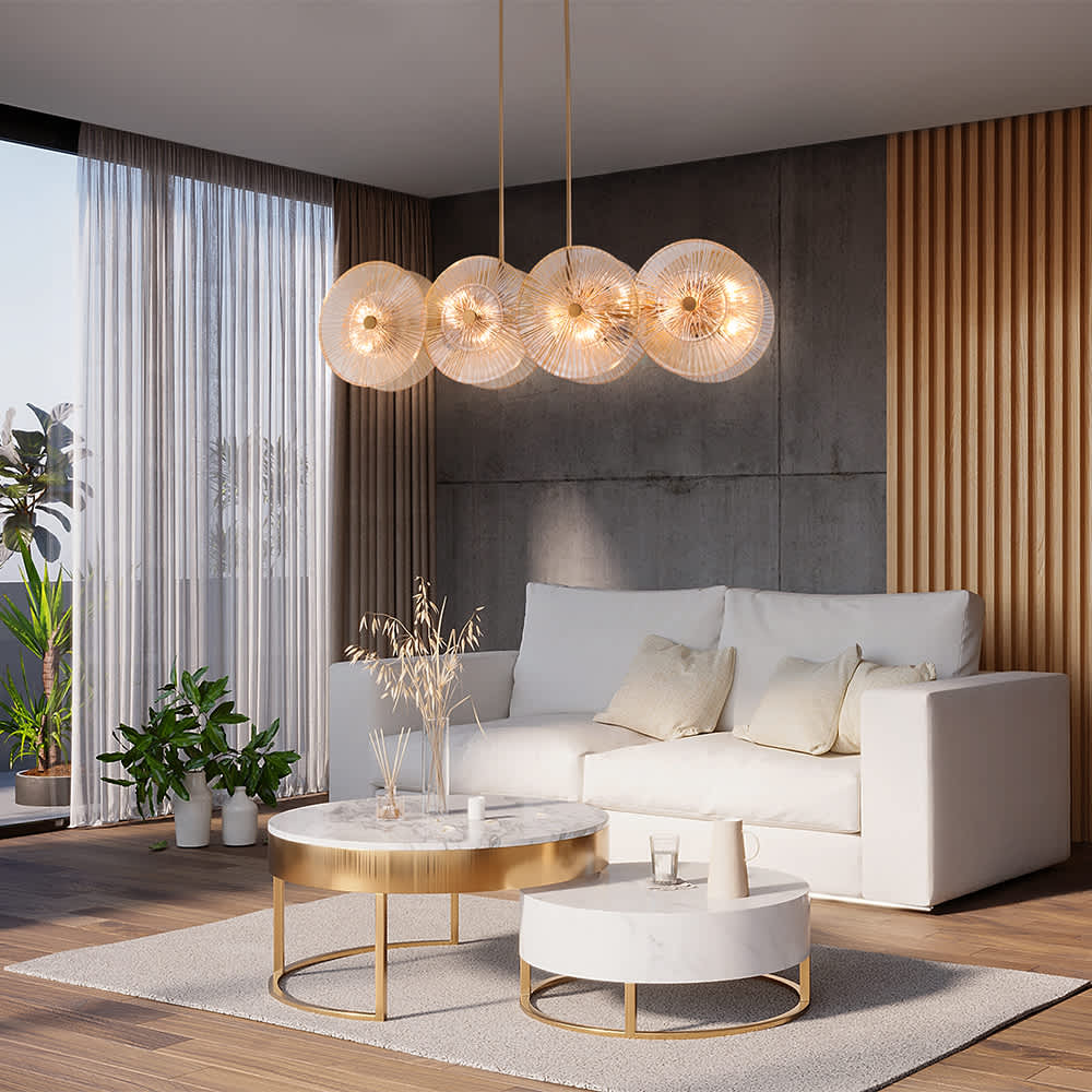 Издължен полилей Maytoni Aster MOD007PL-08G1 с релефни стъклени дискове над маса в дневна