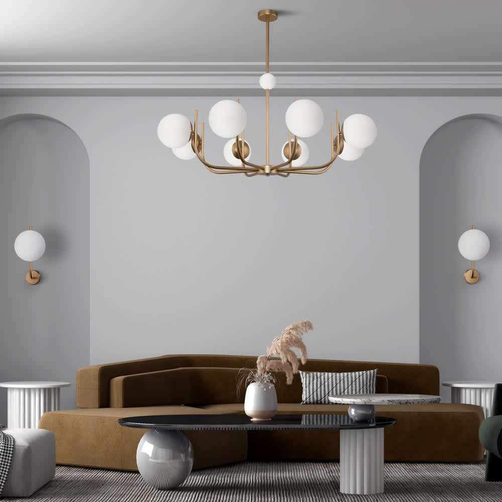 Осемлампов полилей Maytoni Rendez-vous MOD109PL-08BS с бели стъклени сфери и два аплика от серията в дневна