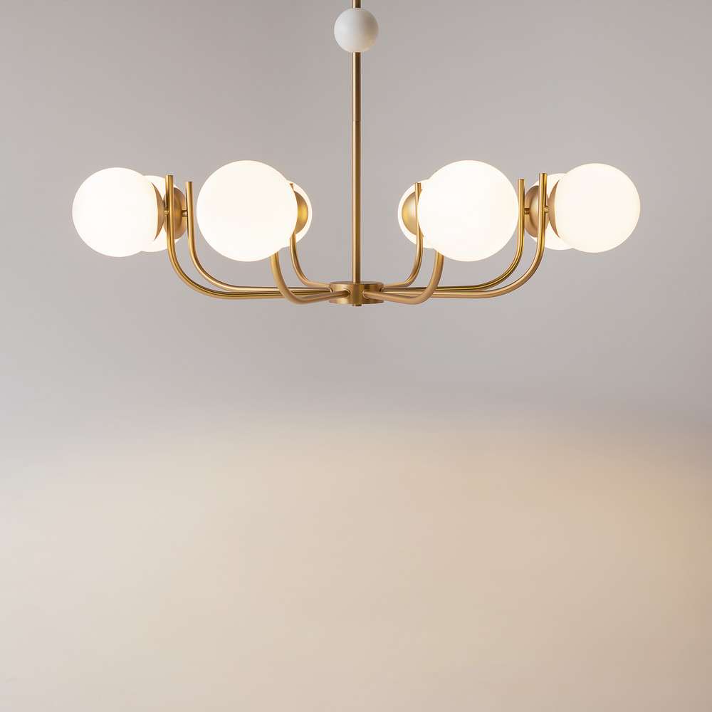 Полилей Maytoni Rendez-vous MOD109PL-08BS с осем светещи стъклени сфери и метал в бронзов цвят на сив фон