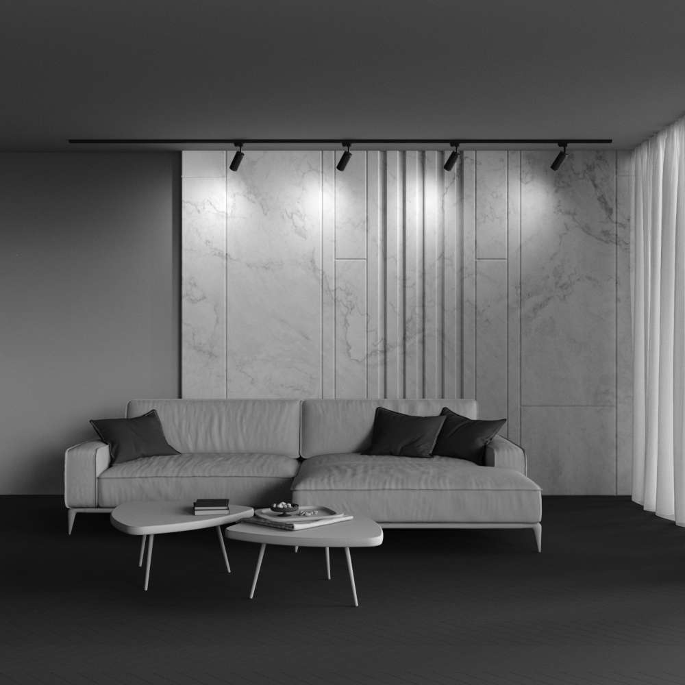 Релсов спот за Unity Maytoni Focus Design TR011-1-GU10-B, черен, интериор с черни спотове върху черна релса