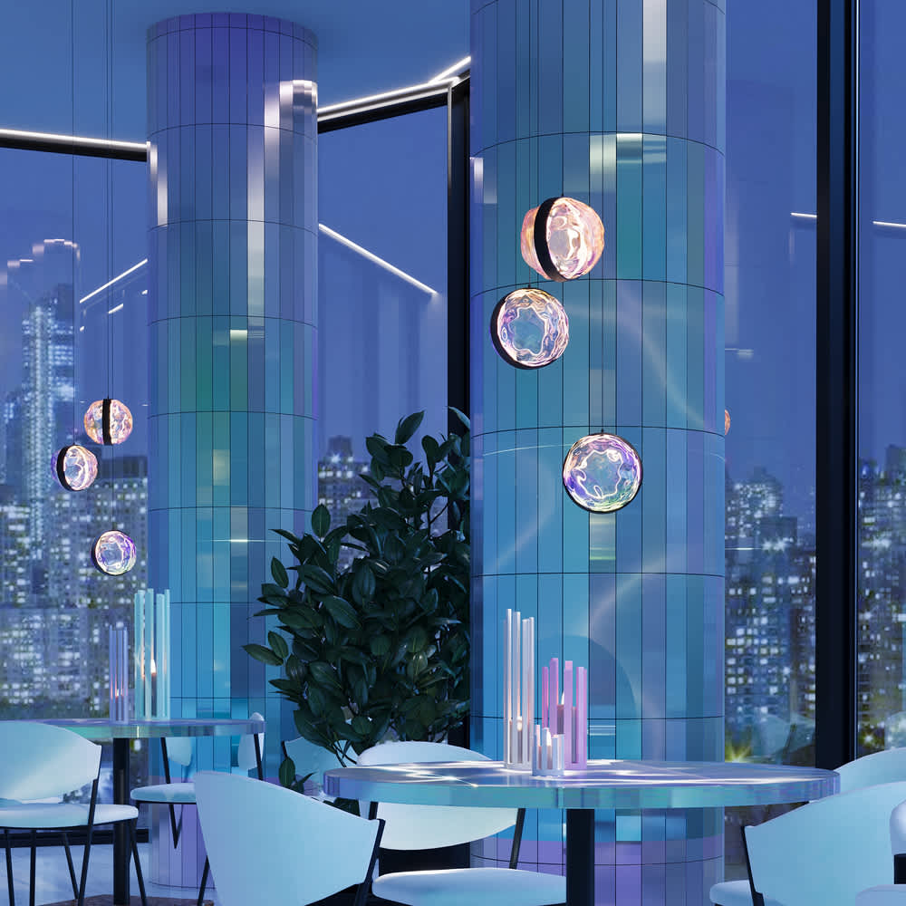 Тройни LED пендели Maytoni Misterio MOD379PL-L17B2.7K с три стъклени абажура в интериор на заведение